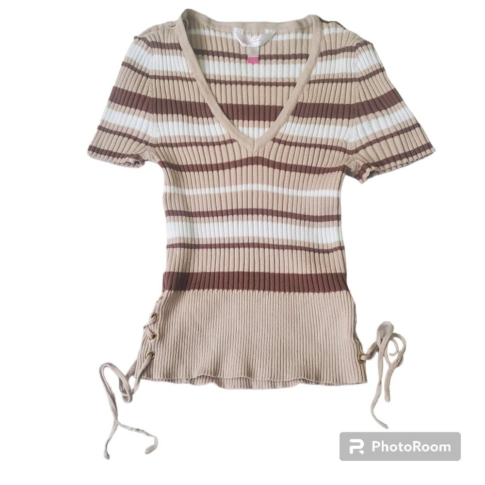 No Boundaries girls knit top size medium Vneck Short Sleeve‎ brown drawstrings